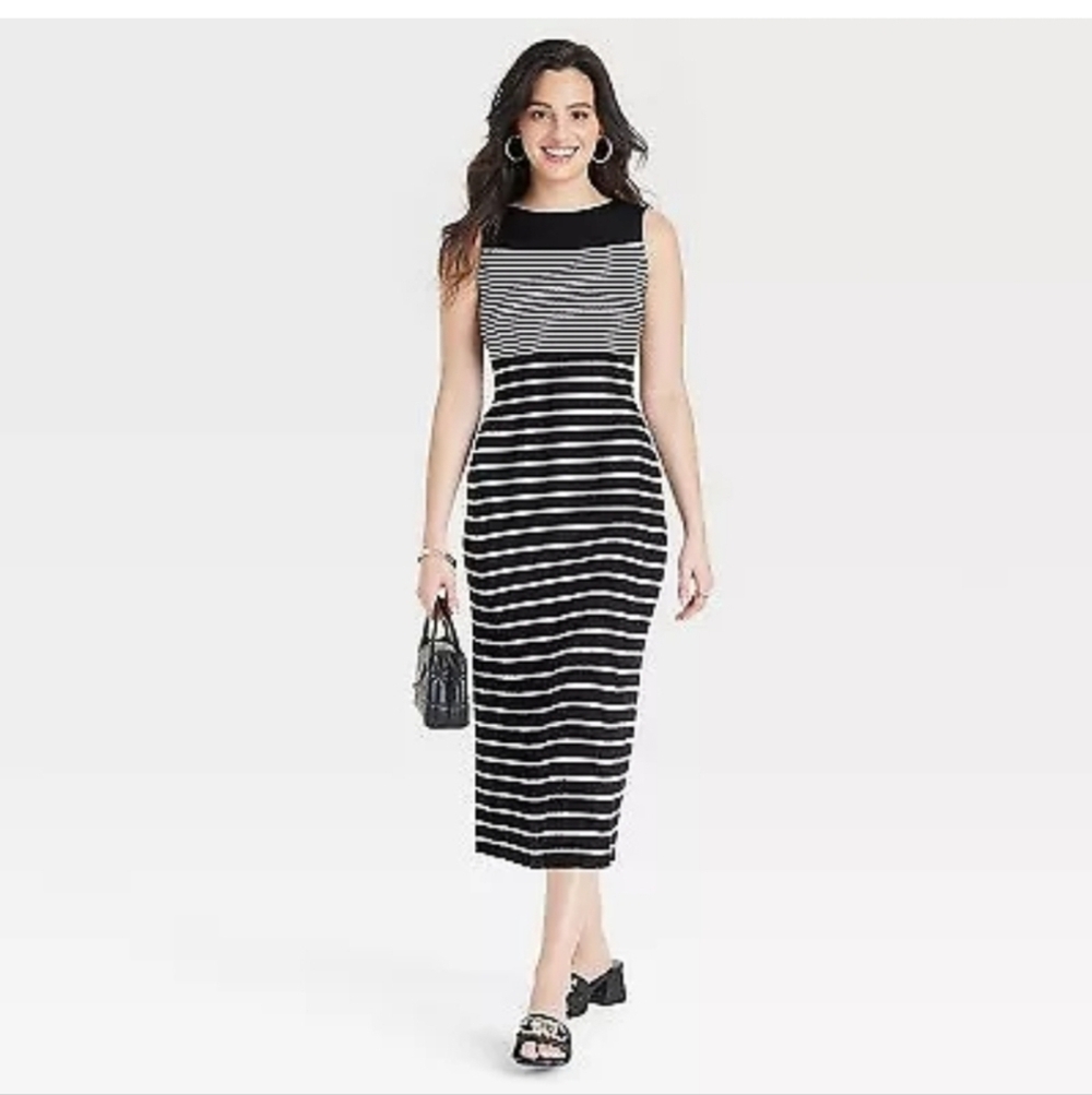 Women's Faux Plisse Midi Sweater Dress - A New Day Black/White Striped Size XL